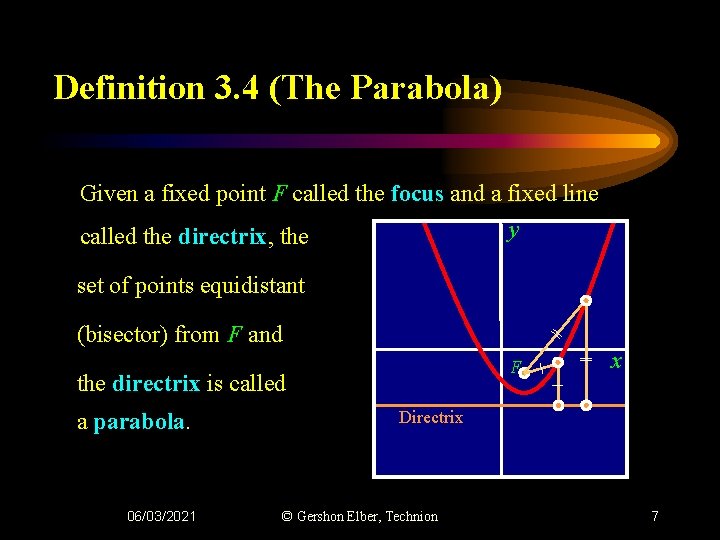 Definition 3. 4 (The Parabola) Given a fixed point F called the focus and