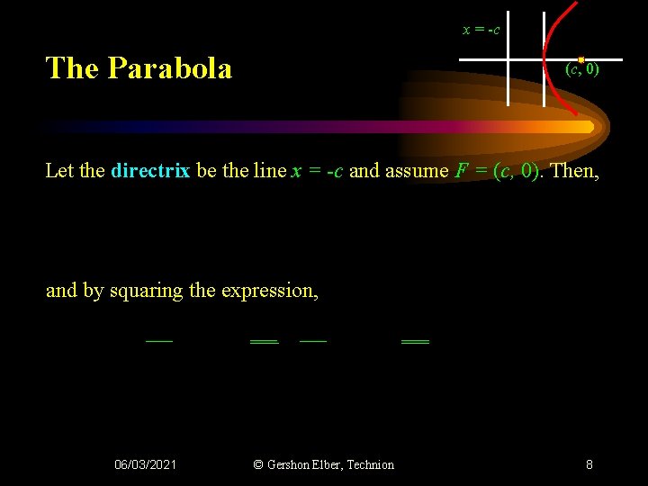 x = -c The Parabola (c, 0) Let the directrix be the line x