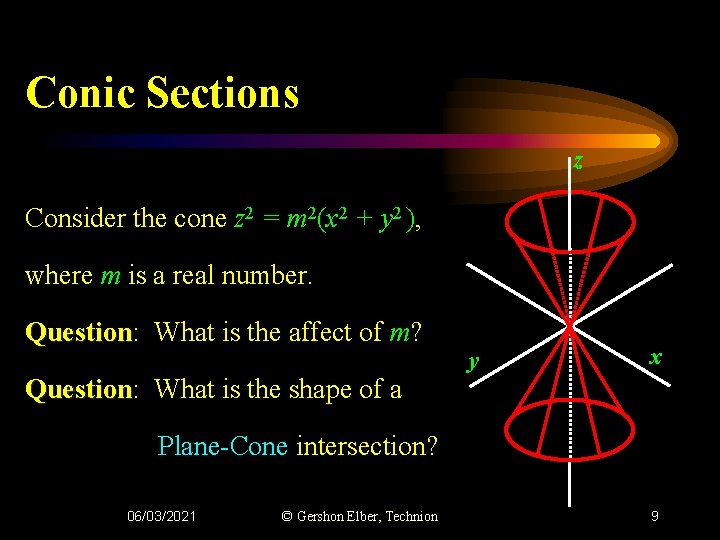 Conic Sections z Consider the cone z 2 = m 2(x 2 + y