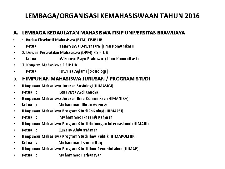 LEMBAGA/ORGANISASI KEMAHASISWAAN TAHUN 2016 A. LEMBAGA KEDAULATAN MAHASISWA FISIP UNIVERSITAS BRAWIJAYA • 1. Badan