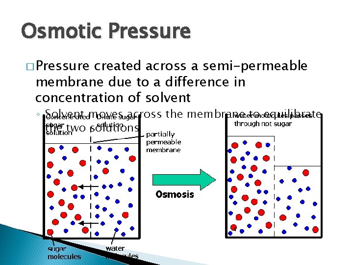 Osmotic Pressure � Pressure created across a semi-permeable membrane due to a difference in