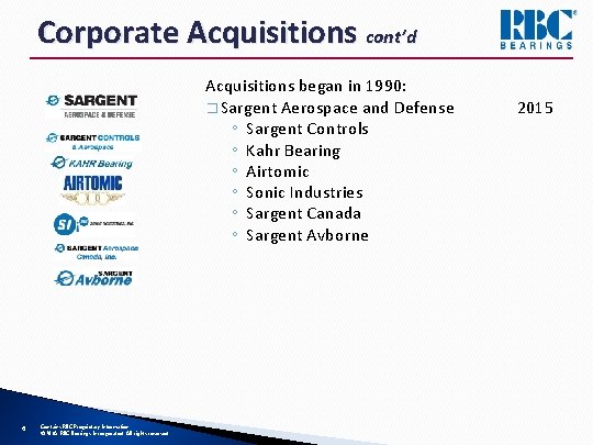 Corporate Acquisitions cont’d Acquisitions began in 1990: � Sargent Aerospace and Defense ◦ Sargent