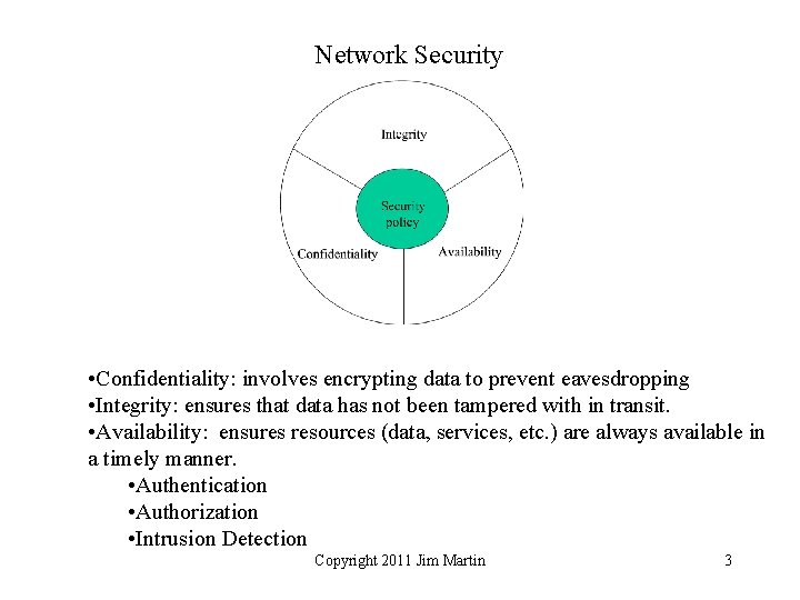 Network Security • Confidentiality: involves encrypting data to prevent eavesdropping • Integrity: ensures that