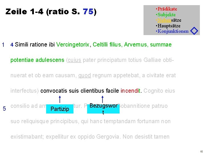 Zeile 1 -4 (ratio S. 75) • Prädikate • Subjekte • Nebensätze • Hauptsätze