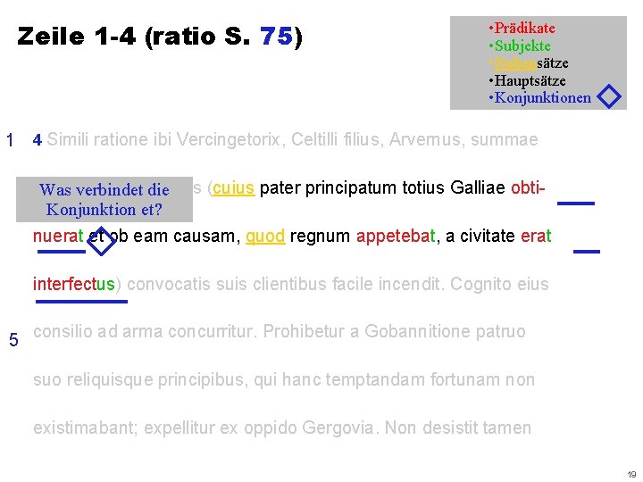 Zeile 1 -4 (ratio S. 75) • Prädikate • Subjekte • Nebensätze • Hauptsätze