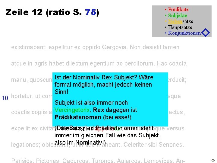 Zeile 12 (ratio S. 75) • Prädikate • Subjekte • Nebensätze • Hauptsätze •