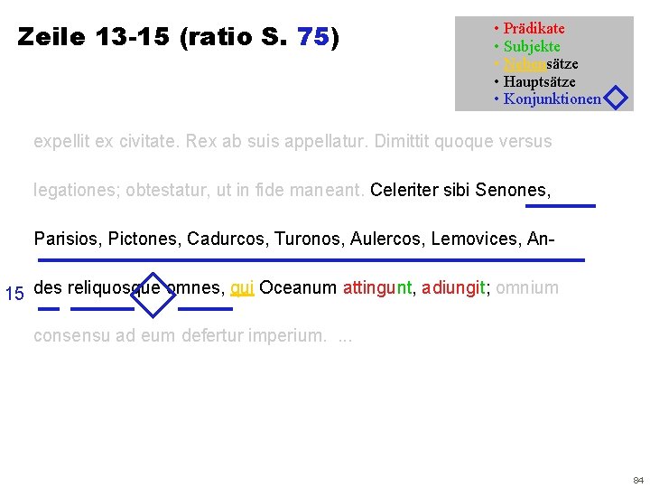 Zeile 13 -15 (ratio S. 75) • Prädikate • Subjekte • Nebensätze • Hauptsätze