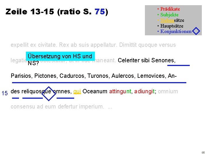 Zeile 13 -15 (ratio S. 75) • Prädikate • Subjekte • Nebensätze • Hauptsätze