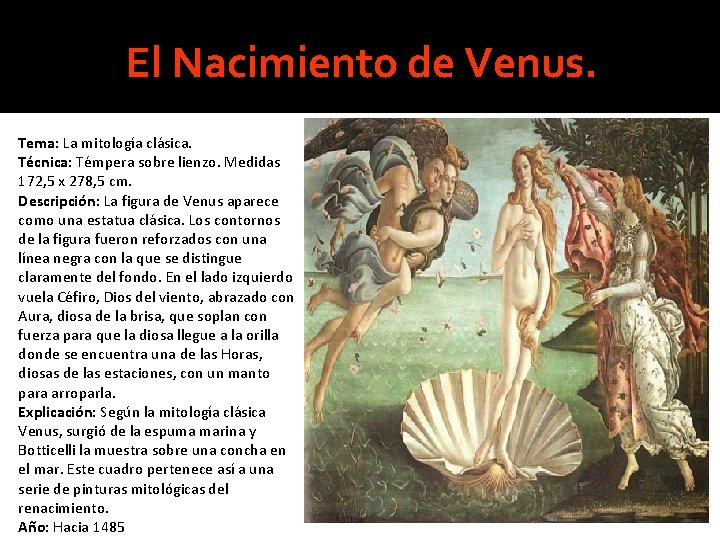 El Nacimiento de Venus. Tema: La mitología clásica. Técnica: Témpera sobre lienzo. Medidas 172,