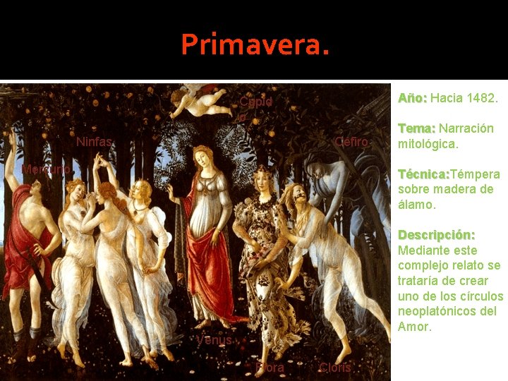 Primavera. Año: Hacia 1482. Cupid o Ninfas Céfiro Mercurio Tema: Narración mitológica. Técnica: Témpera