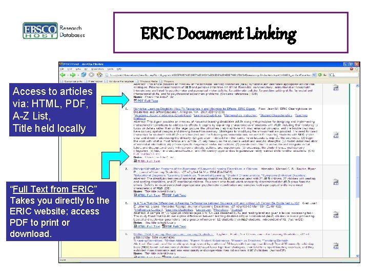ERIC Document Linking Access to articles via: HTML, PDF, A-Z List, Title held locally