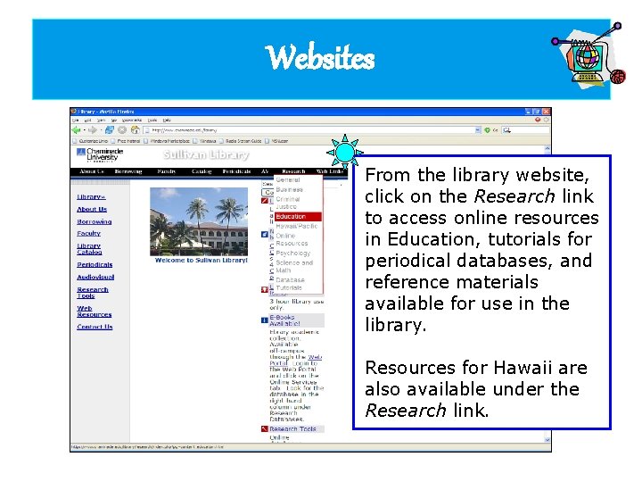 Websites From the library website, click on the Research link to access online resources