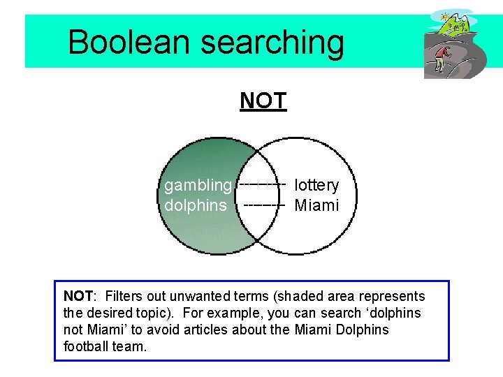 Boolean searching NOT porpoises gambling ----- lottery dolphins ----- Miami NOT: Filters out unwanted