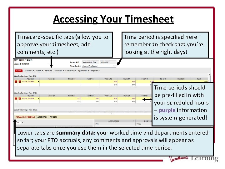 Accessing Your Timesheet Timecard-specific tabs (allow you to approve your timesheet, add comments, etc.