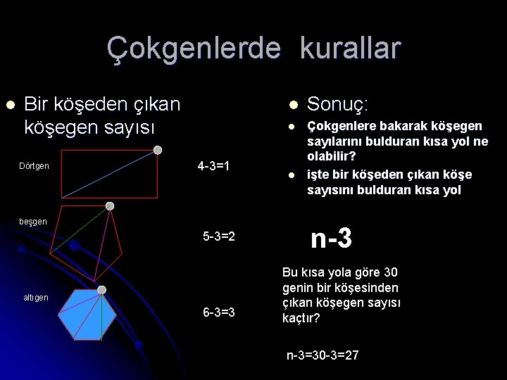 Çokgenlerde kurallar l Bir köşeden çıkan köşegen sayısı Dörtgen 4 -3=1 beşgen 5 -3=2