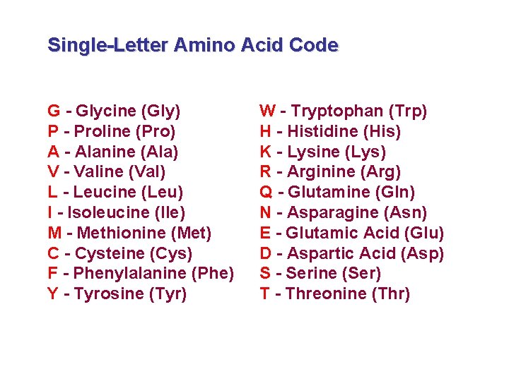 Single-Letter Amino Acid Code G - Glycine (Gly) P - Proline (Pro) A -