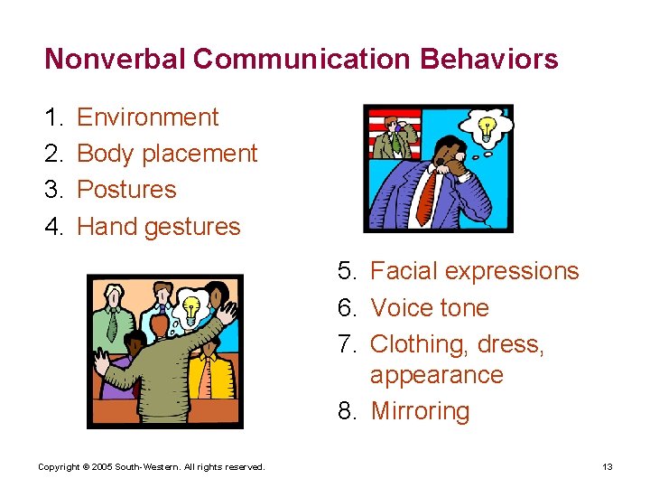 Nonverbal Communication Behaviors 1. 2. 3. 4. Environment Body placement Postures Hand gestures 5.