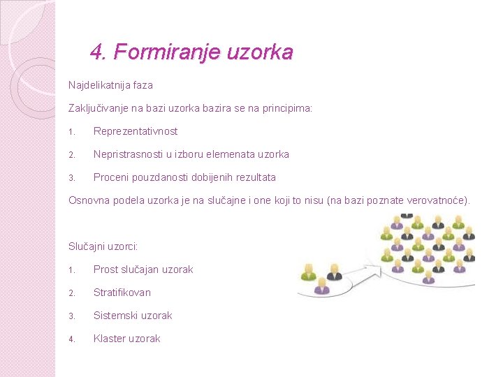 4. Formiranje uzorka Najdelikatnija faza Zaključivanje na bazi uzorka bazira se na principima: 1.