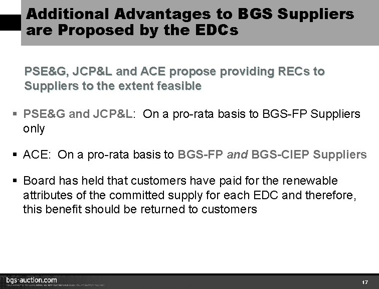 Additional Advantages to BGS Suppliers are Proposed by the EDCs PSE&G, JCP&L and ACE