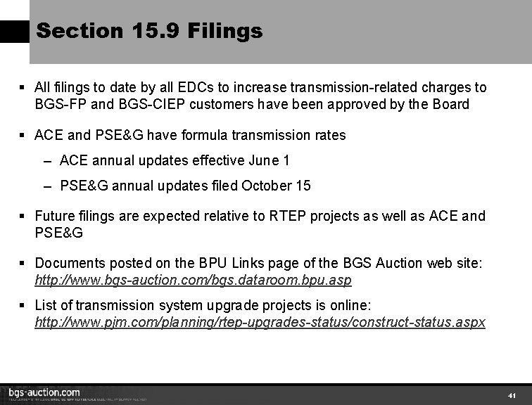 Section 15. 9 Filings § All filings to date by all EDCs to increase