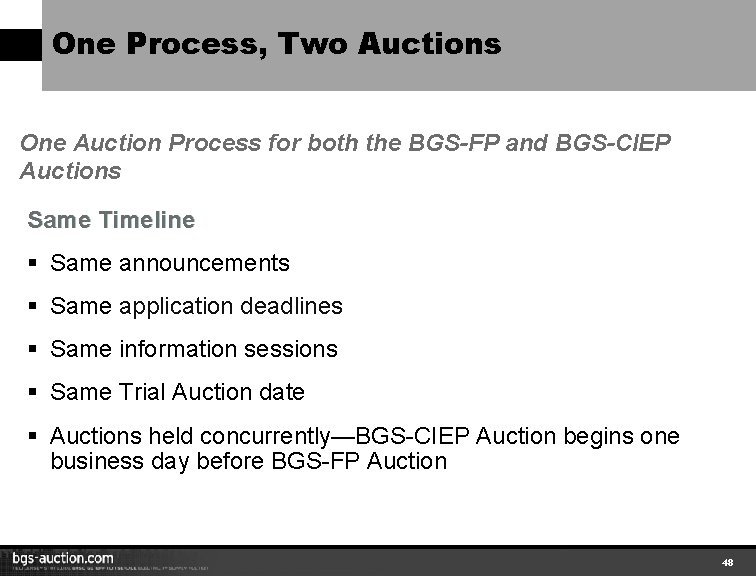 One Process, Two Auctions One Auction Process for both the BGS-FP and BGS-CIEP Auctions