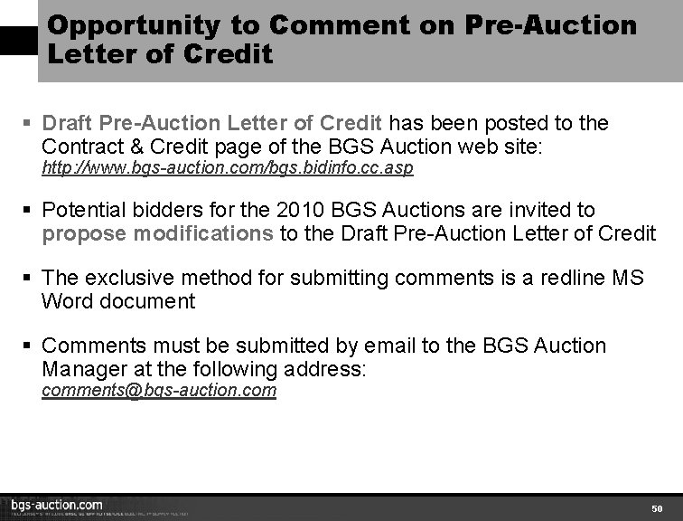 Opportunity to Comment on Pre-Auction Letter of Credit § Draft Pre-Auction Letter of Credit