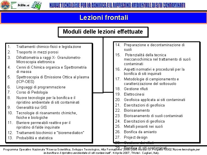 Lezioni frontali Moduli delle lezioni effettuate 14. Preparazione e decontaminazione di suoli 15. Potenzialità