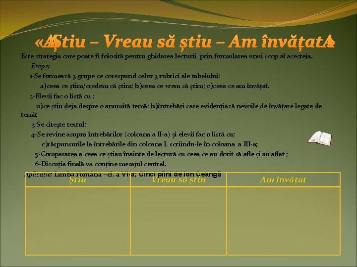  « Știu – Vreau să știu – Am învățat » Este strategia care