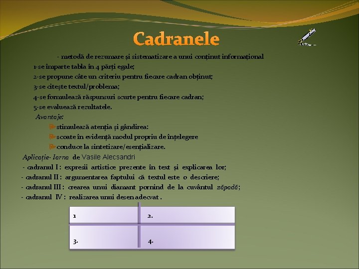 Cadranele - metodă de rezumare şi sistematizare a unui conţinut informaţional 1 -se împarte Cadranele - metodă de rezumare şi sistematizare a unui conţinut informaţional 1 -se împarte
