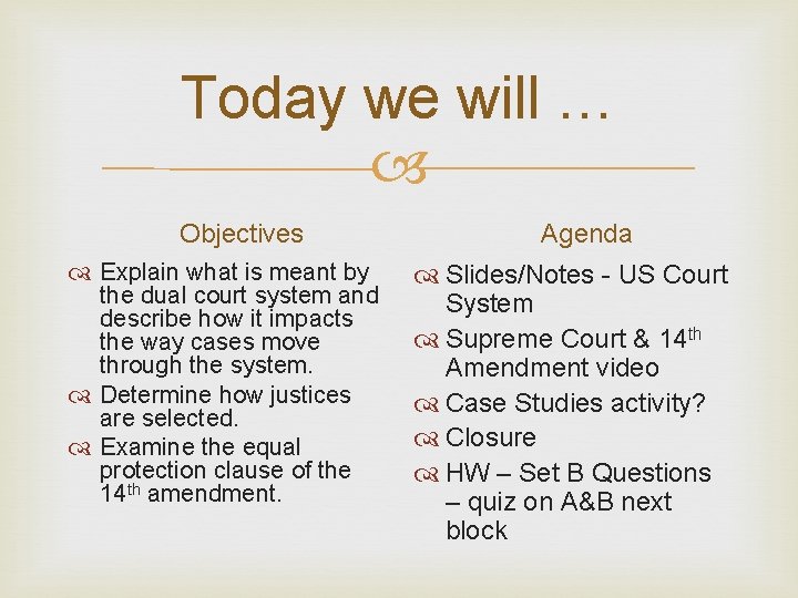 Today we will … Objectives Explain what is meant by the dual court system