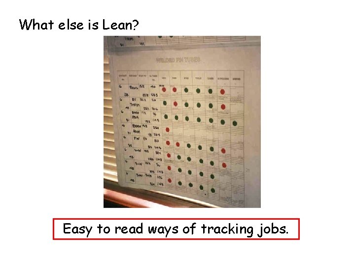 What else is Lean? Easy to read ways of tracking jobs. 