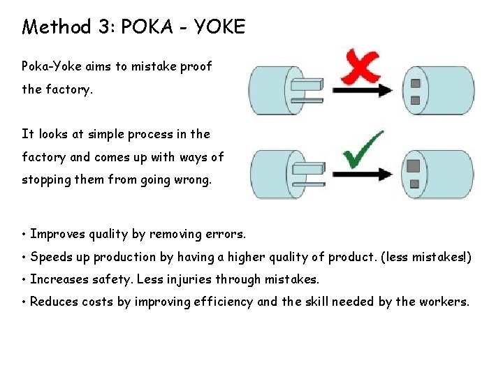 Method 3: POKA - YOKE Poka-Yoke aims to mistake proof the factory. It looks