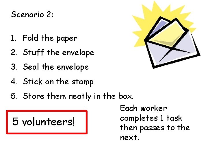 Scenario 2: 1. Fold the paper 2. Stuff the envelope 3. Seal the envelope