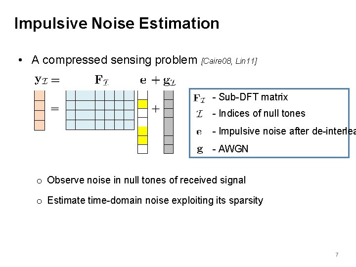 Impulsive Noise Estimation • A compressed sensing problem [Caire 08, Lin 11] - Sub-DFT
