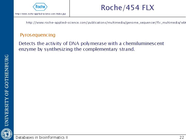 http: //www. roche-applied-science. com/index. jsp Roche/454 FLX http: //www. roche-applied-science. com/publications/multimedia/genome_sequencer/flx_multimedia/wbt Pyrosequencing Detects the