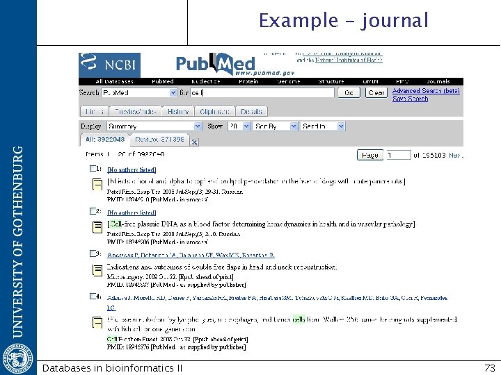 Example - journal Databases in bioinformatics II 73 