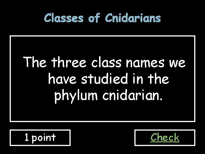 Classes of Cnidarians The three class names we have studied in the phylum cnidarian.