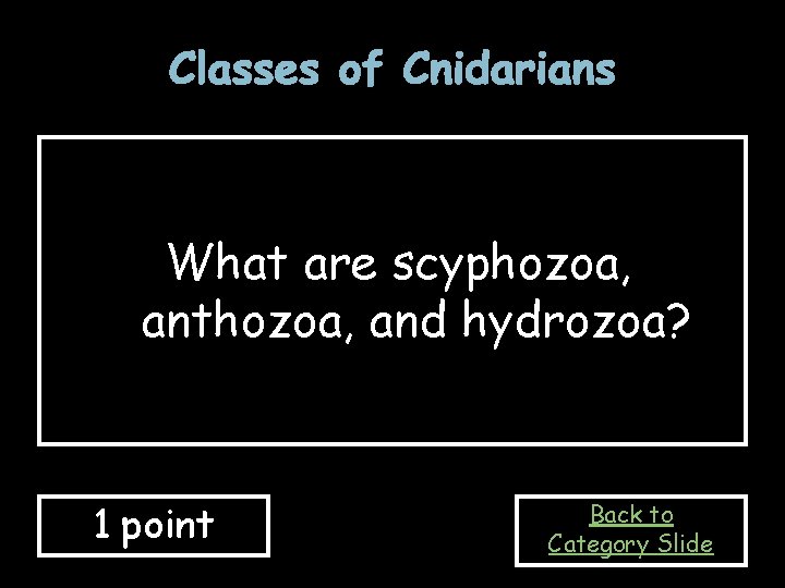 Classes of Cnidarians What are scyphozoa, anthozoa, and hydrozoa? 1 point Back to Category