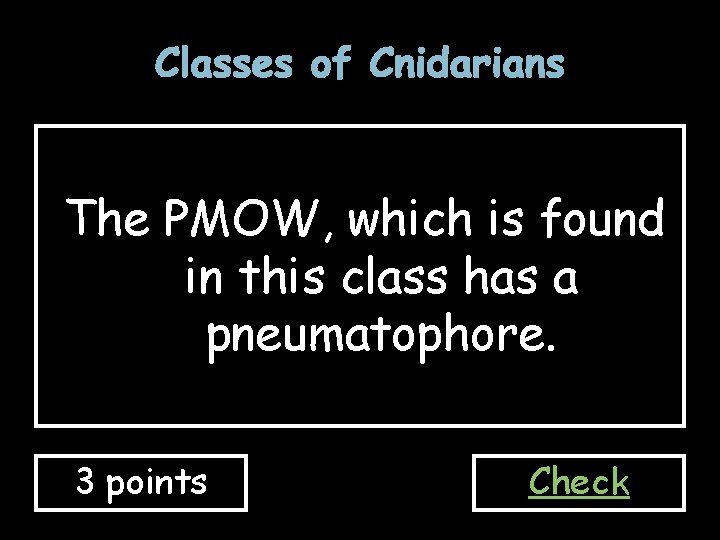 Classes of Cnidarians The PMOW, which is found in this class has a pneumatophore.