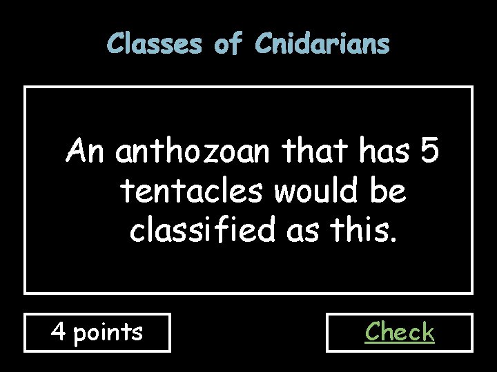 Classes of Cnidarians An anthozoan that has 5 tentacles would be classified as this.
