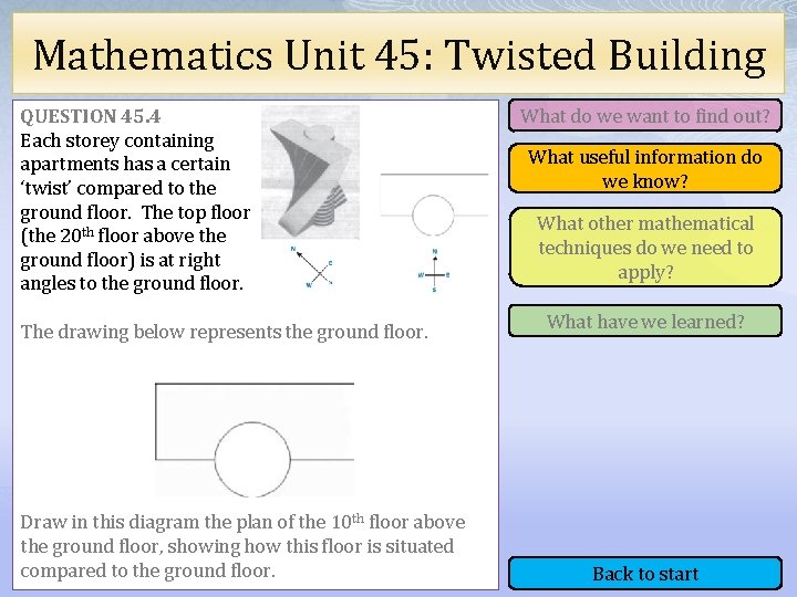 Mathematics Unit 45: Twisted Building QUESTION 45. 4 Each storey containing apartments has a