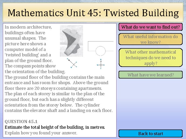 Mathematics Unit 45: Twisted Building In modern architecture, buildings often have unusual shapes. The