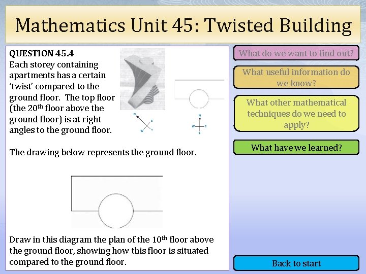 Mathematics Unit 45: Twisted Building QUESTION 45. 4 Each storey containing apartments has a
