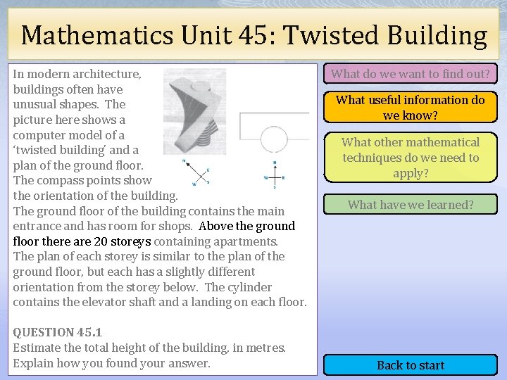 Mathematics Unit 45: Twisted Building In modern architecture, buildings often have unusual shapes. The