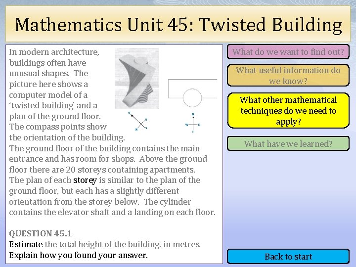 Mathematics Unit 45: Twisted Building In modern architecture, buildings often have unusual shapes. The