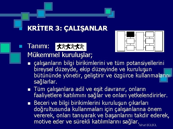 n KRİTER 3: ÇALIŞANLAR n Tanımı: Mükemmel kuruluşlar; n n n çalışanların bilgi birikimlerini