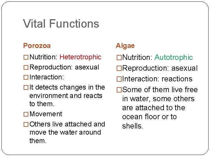 Vital Functions Porozoa Algae � Nutrition: Heterotrophic �Nutrition: Autotrophic � Reproduction: asexual � Interaction: