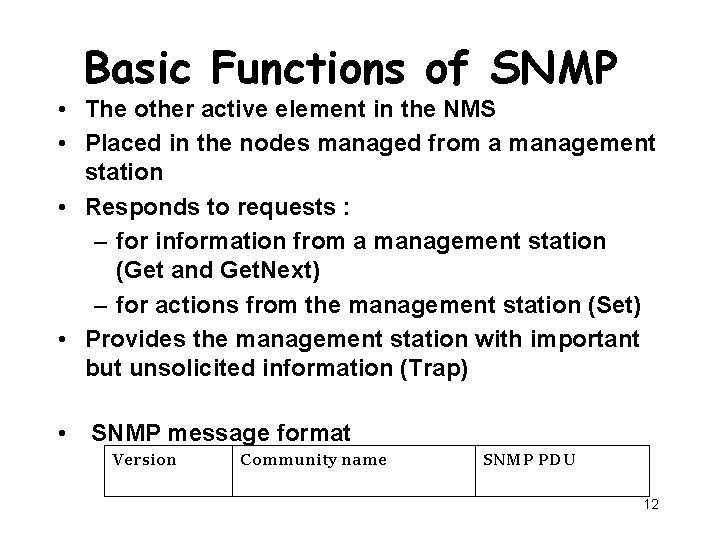 Basic Functions of SNMP • The other active element in the NMS • Placed