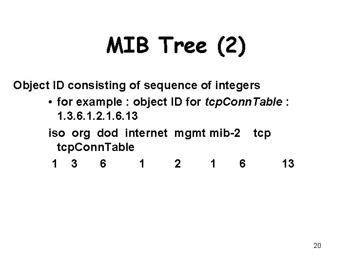 MIB Tree (2) Object ID consisting of sequence of integers • for example :