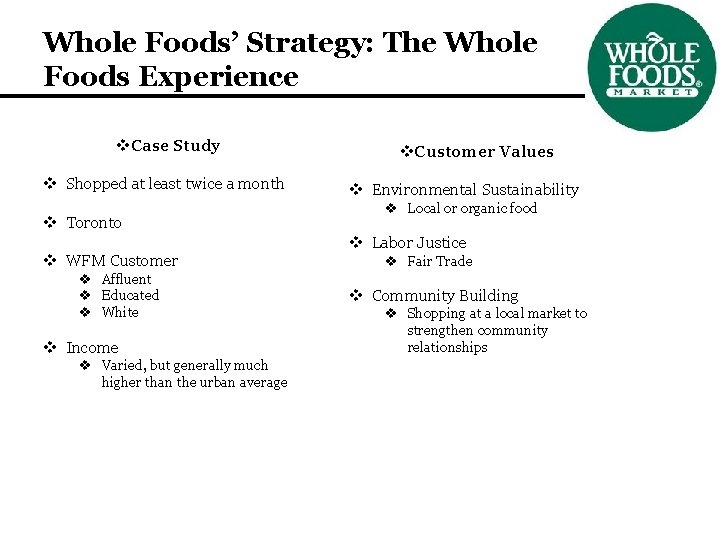 Whole Foods’ Strategy: The Whole Foods Experience v. Case Study v Shopped at least